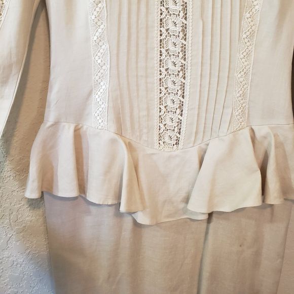 Jessica McClintock Vintage Beige Linen Peplum Ruffle Dress Exquisite, Sz 6 - Picture 6 of 16